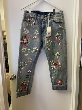Womens Grey Floral Painted Jeans